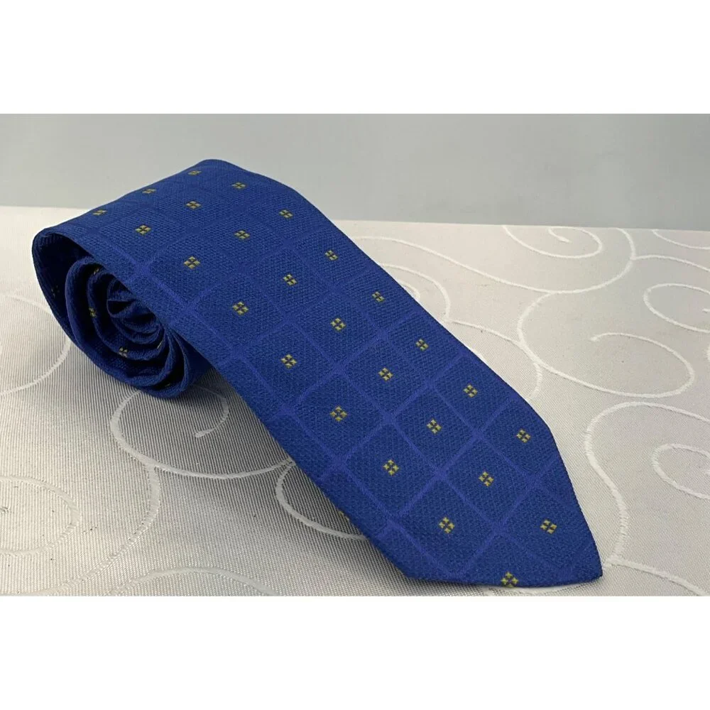 Tom James Long Men's Blue & Yellow Grid Pattern Silk Tie